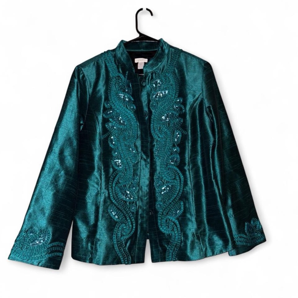 Chicos Teal Embroidered Appliqué Sequin Jacket Size 2(Size12-14)